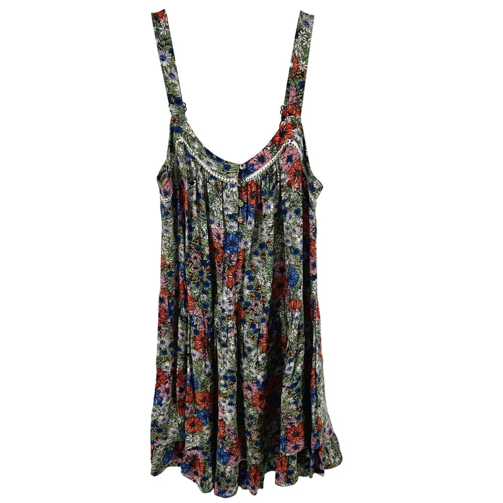Wild Fable Floral Mini Tank Dress Crochet Button Front Ruffle Boho Multicolor XS